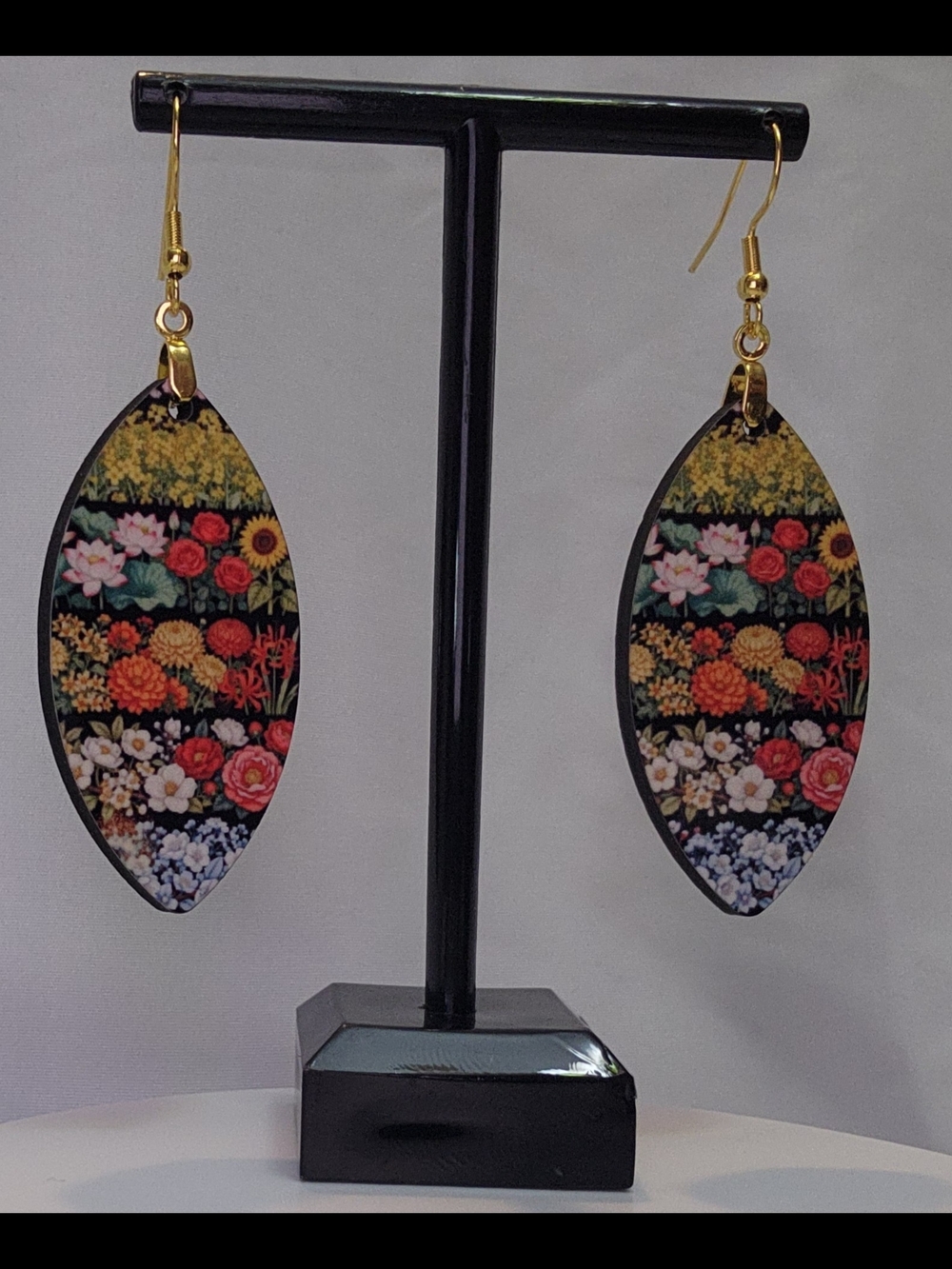 Floral Marquise Drop Earrings - Black & Multicolor